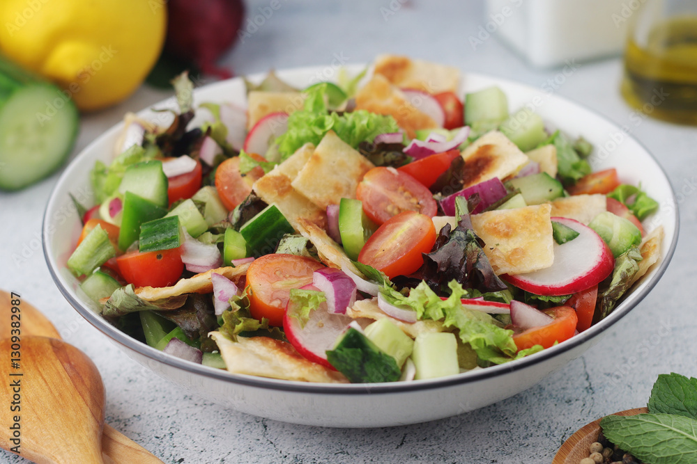 A bowl with Fattoush - Traditional Levantine salad A bowl with Fattoush - Traditional Levantine salad