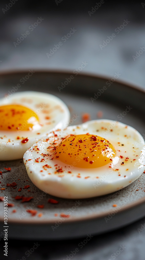 Close-up of two poached eggs, seasoned with red pepper flakes, on a gray plate.  Illustrates a simple, healthy breakfast concept.