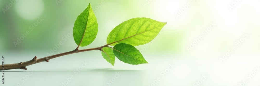 Fototapeta premium single branch on white background with subtle reflections, leaf, forest
