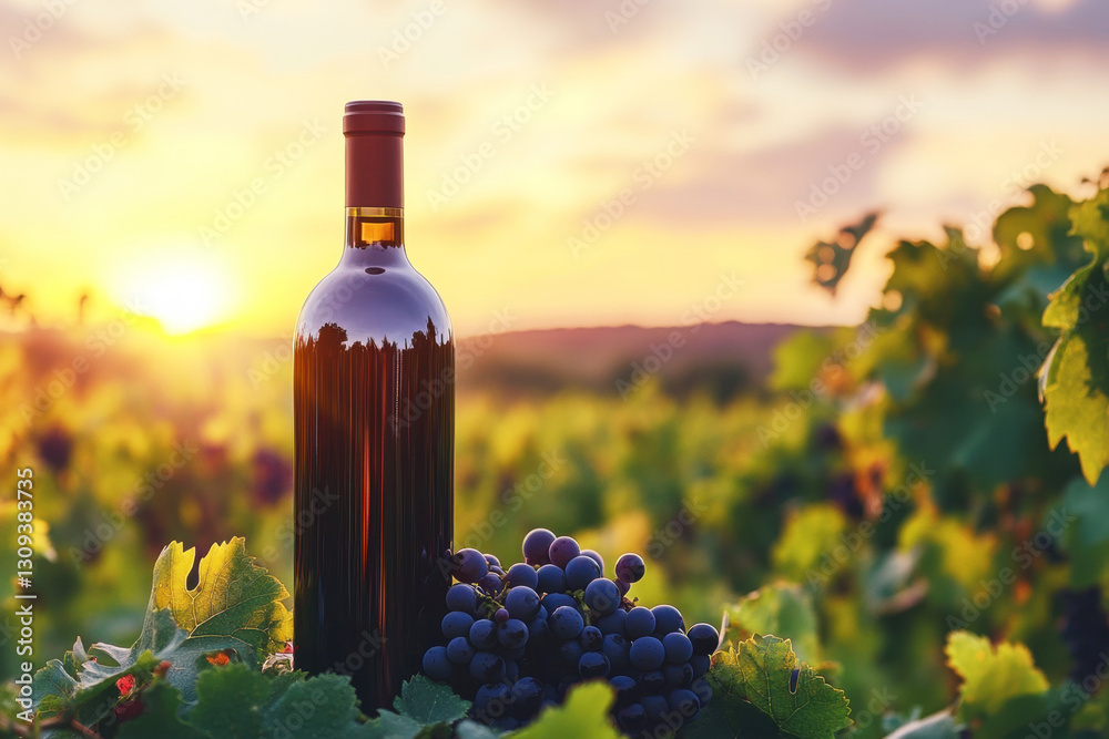 Fototapeta premium Sunset view of wine bottle and grapes in vineyard