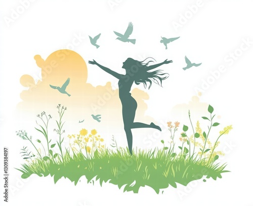 woman meditating with her hair flowing into space, moon and stars above, floating planet Earth, calm mood, mental health day