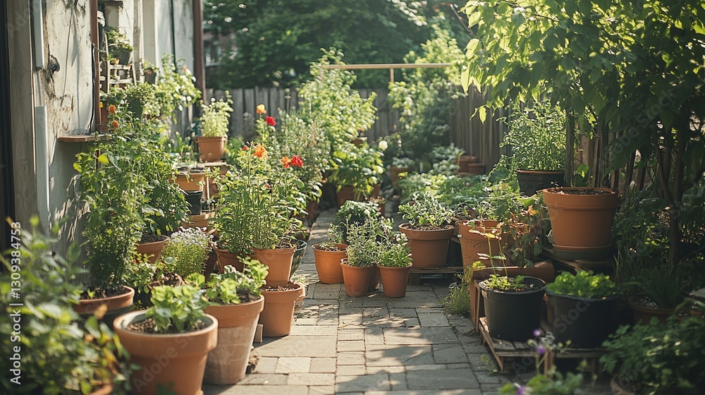 Fototapeta premium urban community garden with lush greenery potted plants sustainable lifestyle eco living peaceful environment and healthy lifestyle concept