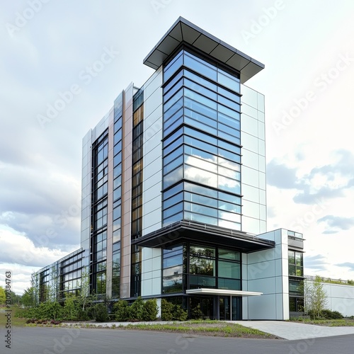 exterior view of a modern corporate office --ar 1:1 --style raw --dref https://s.mj.run/D9khU38NQh0 --v 6.1 Job ID: 4d9cb422-f14f-4d3b-9bc7-509bcf31adf6