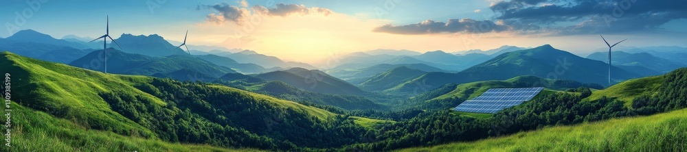 Obraz premium A sustainable energy system with wind turbines and solar panels in the countryside at sunset. Generative AI