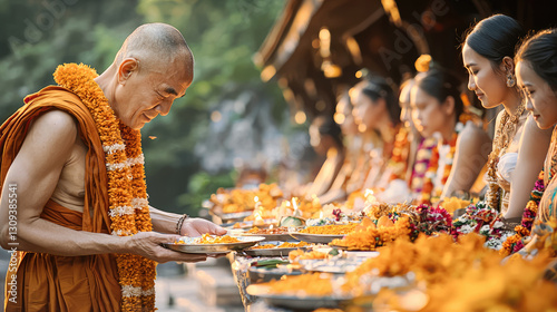 monk in traditional attire participates in vibrant festival, surrounded by women in elegant dresses, offering food and flowers