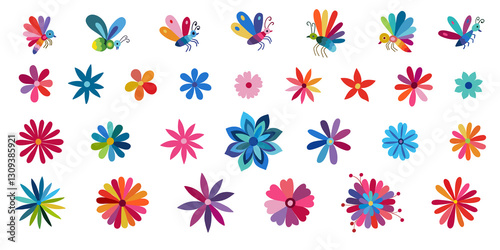 collection of flowers, butterflies, insects, flowers in Mexican style