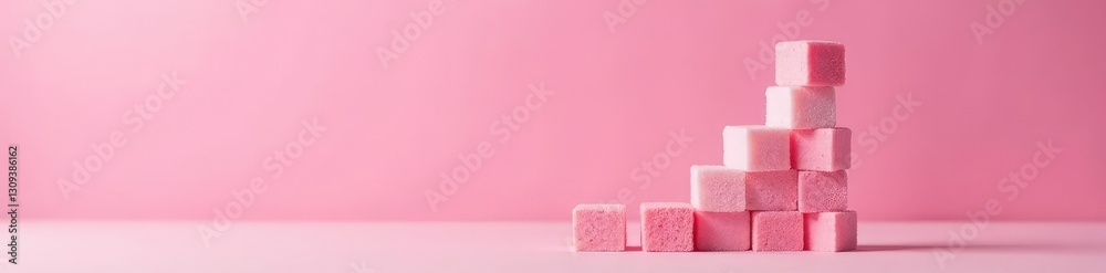 Pink background with ascending sugar cube tower, stack, cubes Pink background with ascending sugar cube tower, stack, cubes