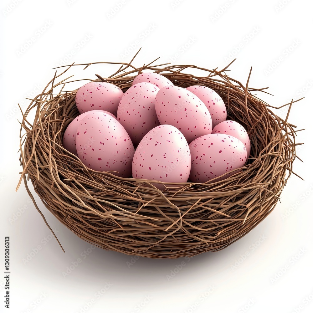 Fototapeta premium Realistic 3D Icon Cartoon of a Birds Nest Filled with Tiny Rose Eggs isolated on clear white background