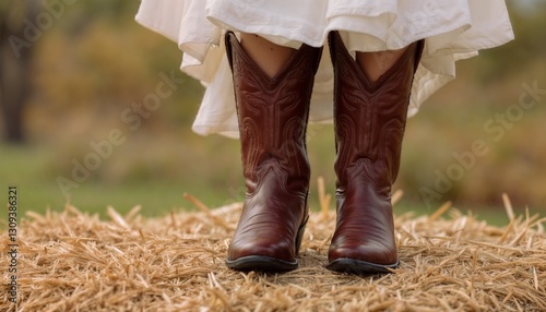 Brown cowboy boots under white dress standing on straw in outdoor setting