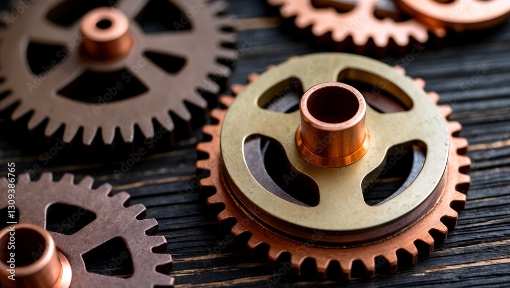 Intricate metallic gears arranged on dark wood Intricate metallic gears arranged on dark wood