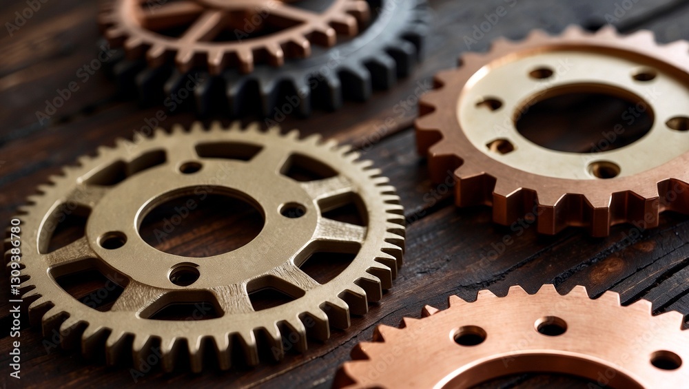 Intricate metallic gears on dark wooden surface Intricate metallic gears on dark wooden surface