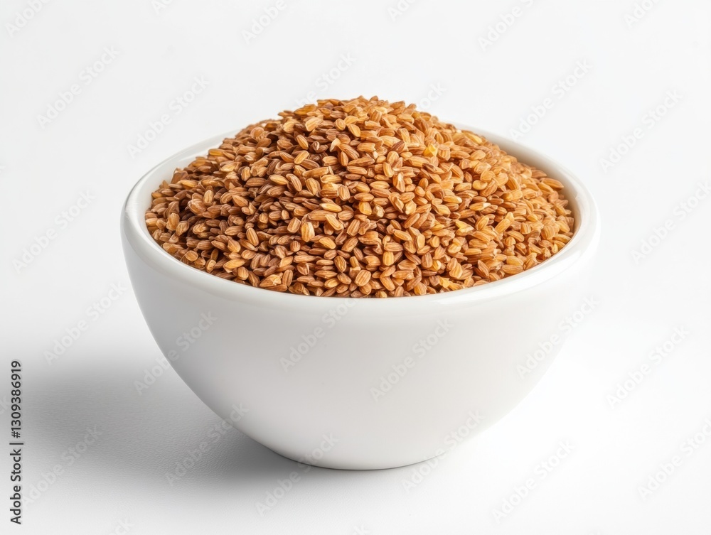 Brown sesame seeds in white bowl on plain background Brown sesame seeds in white bowl on plain background