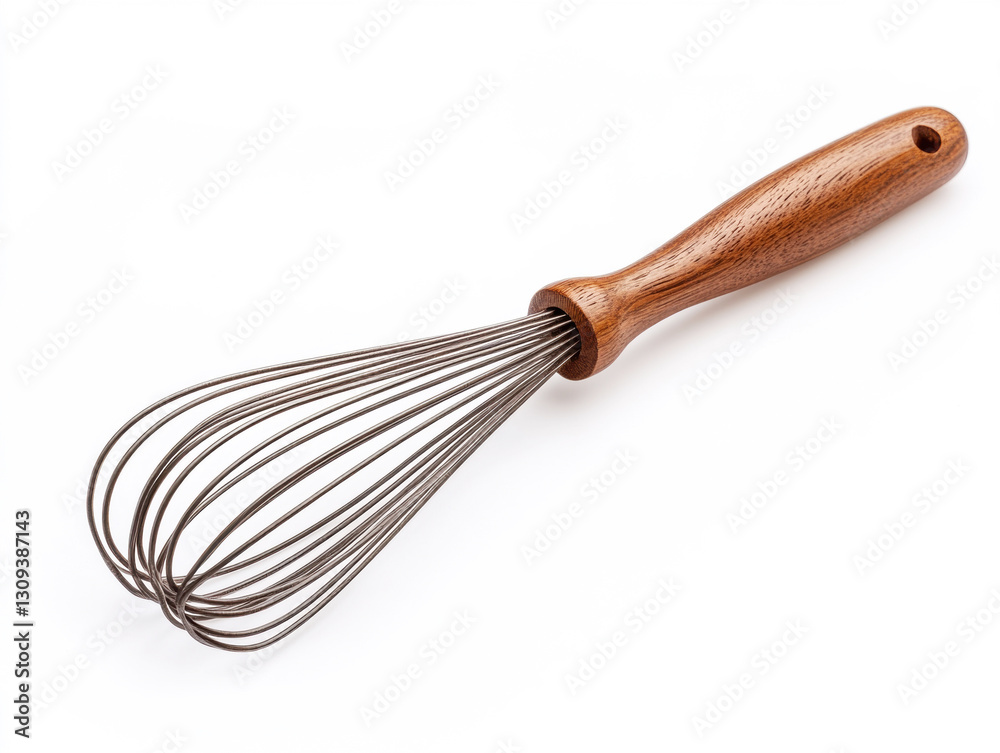 Whisk with wooden handle on white background for kitchen use Whisk with wooden handle on white background for kitchen use