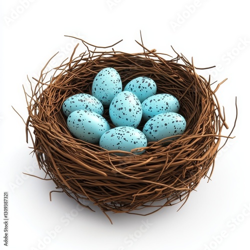 Realistic 3D Icon Cartoon of a Birds Nest Filled with Tiny Cyan Eggs isolated on clear white background
