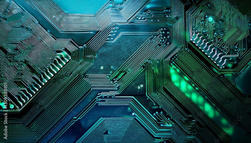 Fototapeta premium Circuit Board Glow Gradient, a smooth blend of emerald green, futuristic teal, and dark gray. 