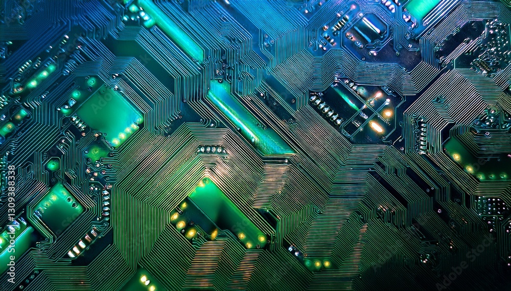 Fototapeta premium Circuit Board Glow Gradient, a smooth blend of emerald green, futuristic teal, and dark gray. 