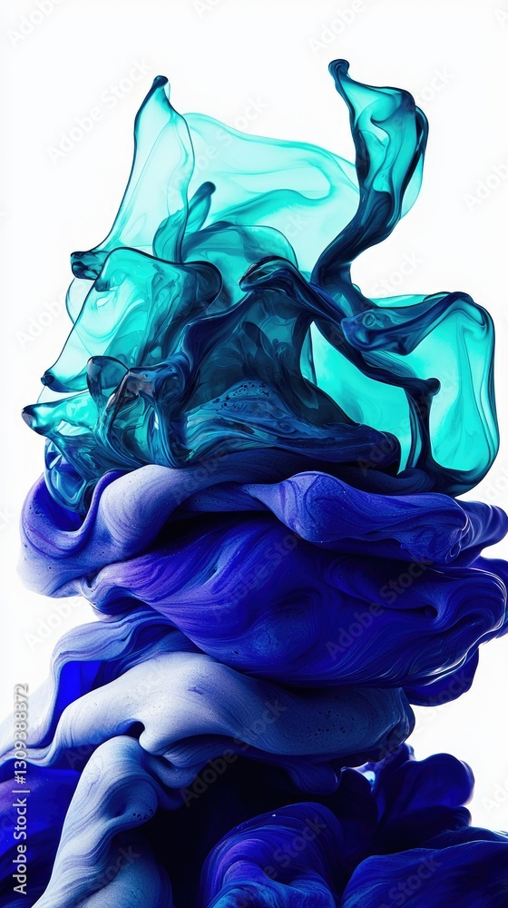 Fototapeta premium Teal and blue ink swirling, abstract art, white background, vibrant design, ideal for website banners
