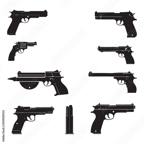 A collection of black silhouette handguns, showcasing different models against a neutral background.