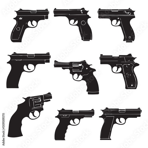 A collection of black silhouette handguns, showcasing different models against a neutral background.