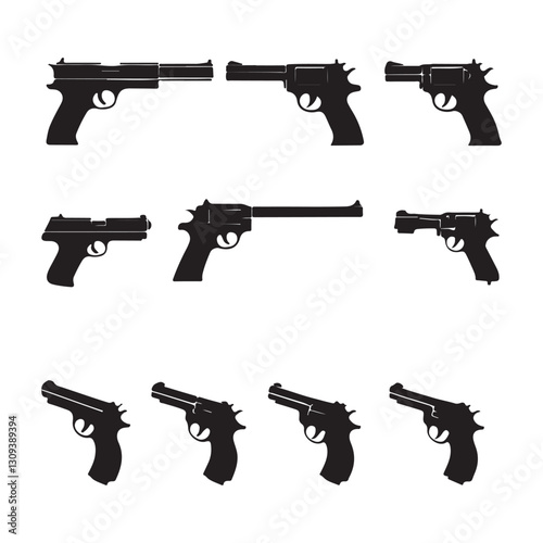 A collection of black silhouette handguns, showcasing different models against a neutral background.
