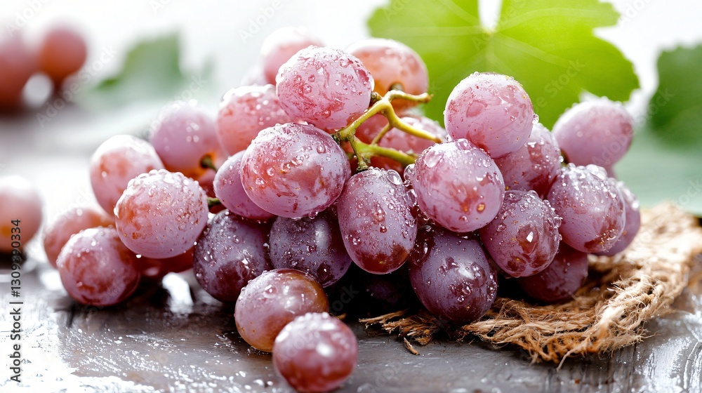 Obraz premium Fresh Juicy Grapes with Water Drops on a Wooden Table Surrounded by Green Leaves and Natural Light