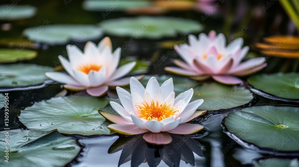 Three White Water Lilies Blooming on a Pond Three White Water Lilies Blooming on a Pond