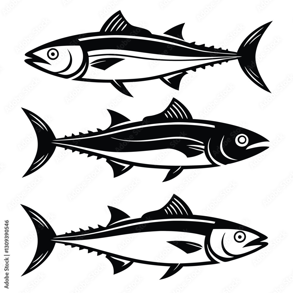 Obraz premium Fishing Themed Black Silhouettes of Tuna, Marlin, Mackerel, and Cod