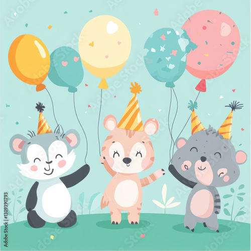 Cute animals wearing party hats hold colorful balloons at cheerful birthday celebration