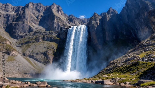 Majestic waterfall cascading down rocky mountain terrain