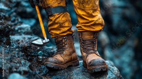 Close-up of Work Boots with Hammer on Rocky Terrain. Generative AI photo