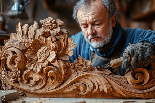 Wood carver creates patterns and ornaments on wooden product