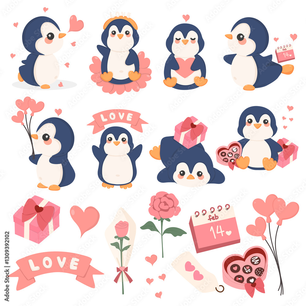 Obraz premium Penguin Set Valentine Day illustration vector file 