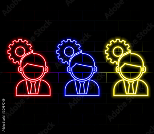 Young business man thinking and asking himself about next job or project. Career choosing icon neon glow vector illustration concept