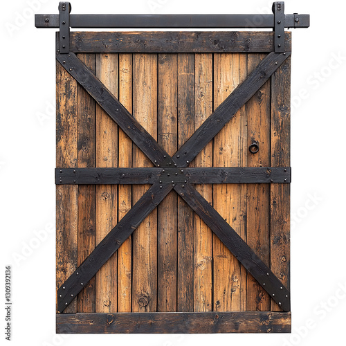 rustic wooden barn door with sliding hardware.
