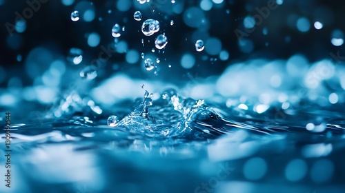 Water droplets captured in motion suspended mid-air before they meet the surface creating ripples and reflections