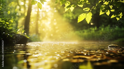 Sunlight streams through leaves onto a gentle stream in a tranquil forest creating a serene natural scene