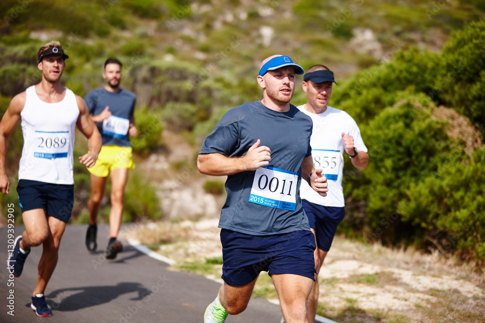 Obraz premium Group, runner and men with marathon in road for running competition, endurance challenge and race pace. Sports, athlete and fitness exercise with performance, cardio contest and wellness for health