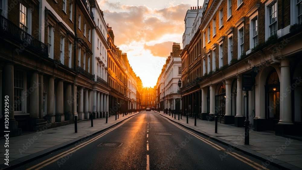 Morning sunlight bathes historic london street in warm glow Morning sunlight bathes historic london street in warm glow