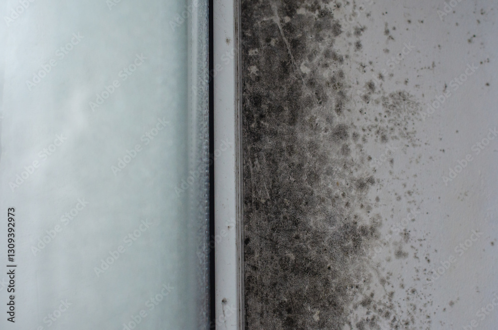 Moldy wall with black spots near window frame in humid room Moldy wall with black spots near window frame in humid room