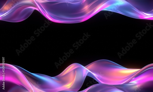 Abstract Close-Up Iridescent Flowing Fabric on Black Background. Smooth, Shiny, Translucent, Liquid.