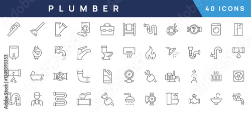 Set of Plumber Related Vector Line Icons. Contains such Icons as Leaking Washing Machine, Water Heater, Tool Box and more. Editable Stroke. 