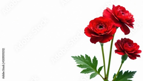 Vibrant red ranunculus blossoms isolated on pure white , nature, bright
