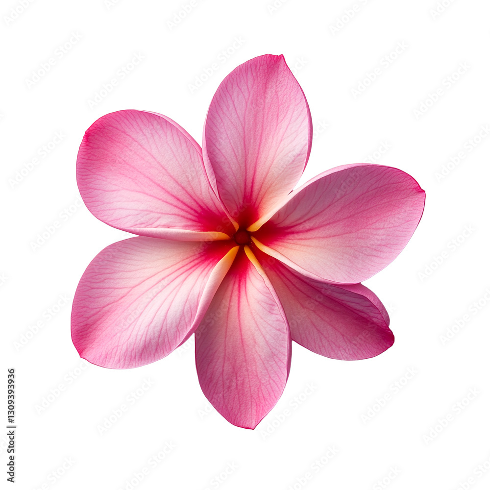 A close-up of a pink and white flower with five petals. A close-up of a pink and white flower with five petals.
