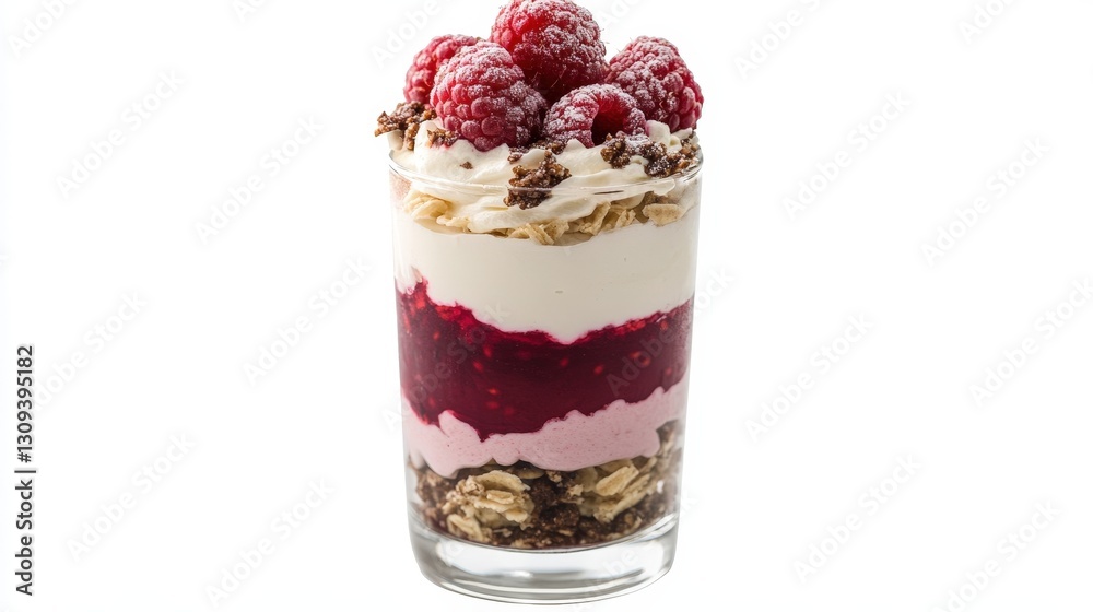 A beautifully arranged raspberry and cream parfait in a glass, highlighting the vibrant layers from a side angle. The dessert is set against a white background, isolated A beautifully arranged raspberry and cream parfait in a glass, highlighting the vibrant layers from a side angle. The dessert is set against a white background, isolated