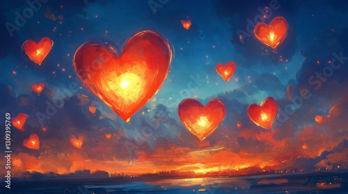 Glowing Red Heart Lanterns Flying in Night Sky photo