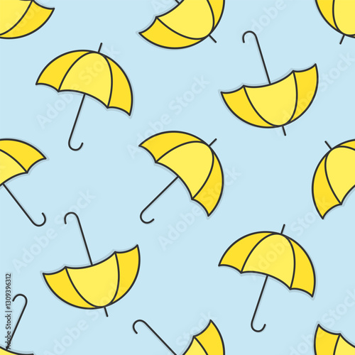 Yellow umbrellas on blue background. Autumn vector seamless pattern.