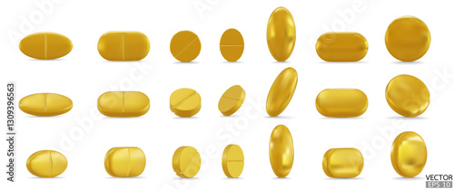 Set of 3d realistic golden pills isolated on white background. Gold Medical Pill, Capsule, Tablet, medicine drug Collection.