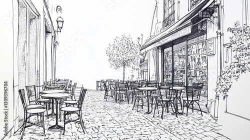 European Street Cafe Sketch. Outdoor Dining