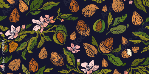 Almond art seamless print Vector green branch, nut