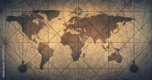 Fototapeta Naklejka Na Ścianę i Meble -  Old map of the world on a old parchment background. Vintage style. Tinting in gray-brown color. Elements of this Image furnished by NASA.